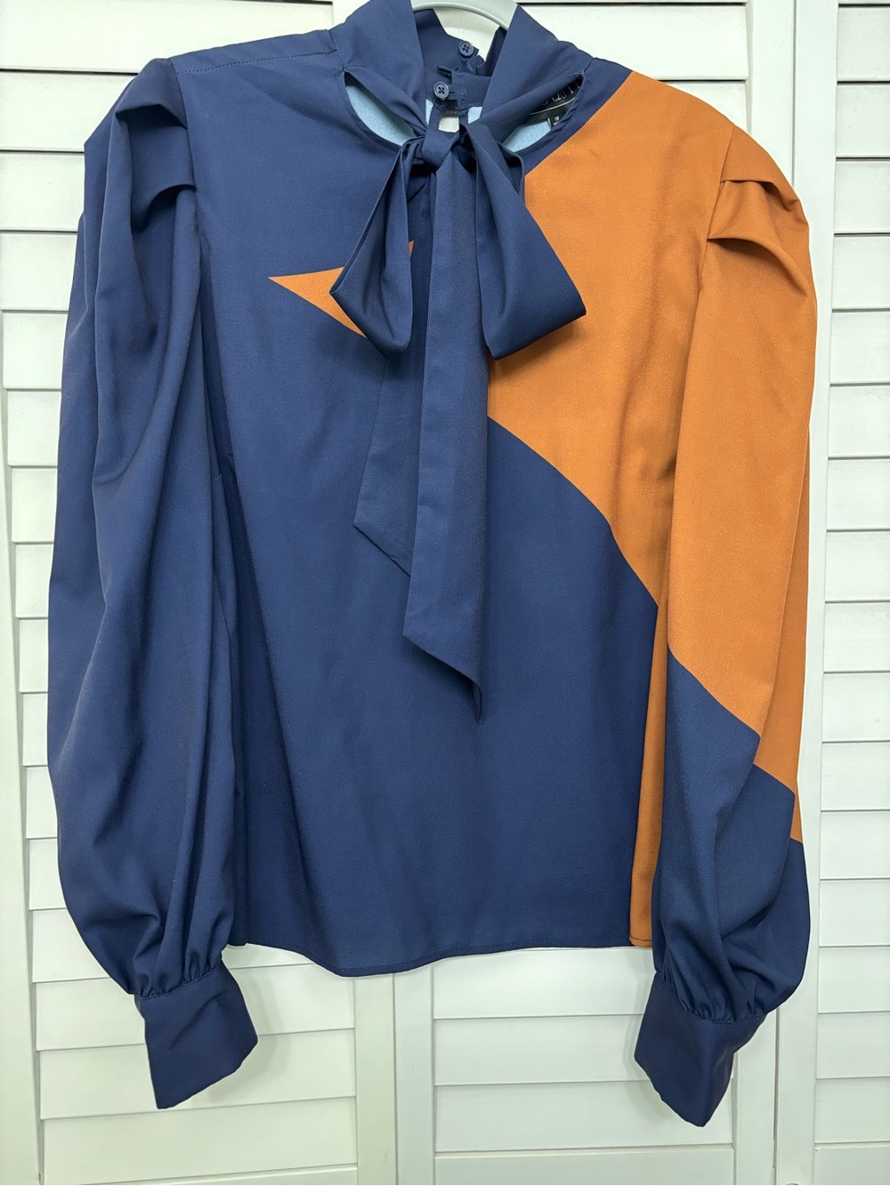 Eloquii Navy and Mustard Colorblock Tie-Neck Blouse